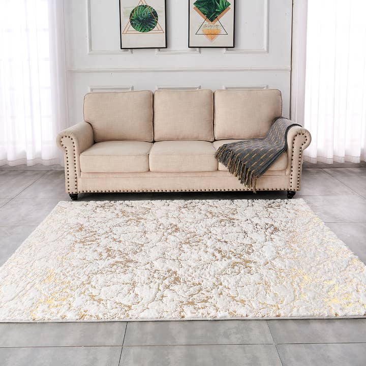 Amazing Rugs - Wholesale Area Rug - Lily White Abstract Gold-Gilded Chinchilla Faux Fur Rug