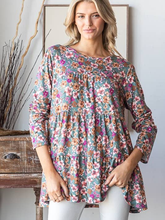DUSTY TEAL ET7001-12 LONG SLEEVE FLORAL PRINT TIRED TOP for wholesale on Faire