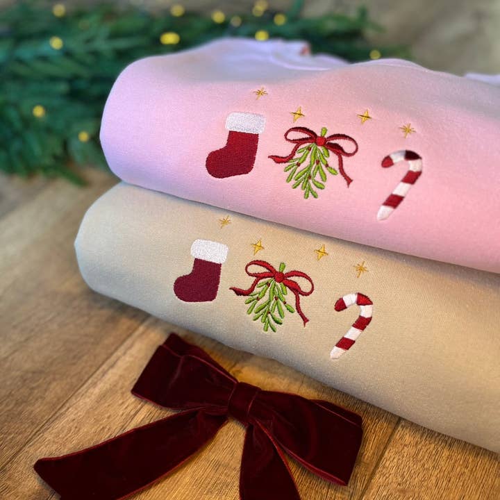 Mistletoe Embroidered Christmas Jumper for wholesale by Shop Late 80s