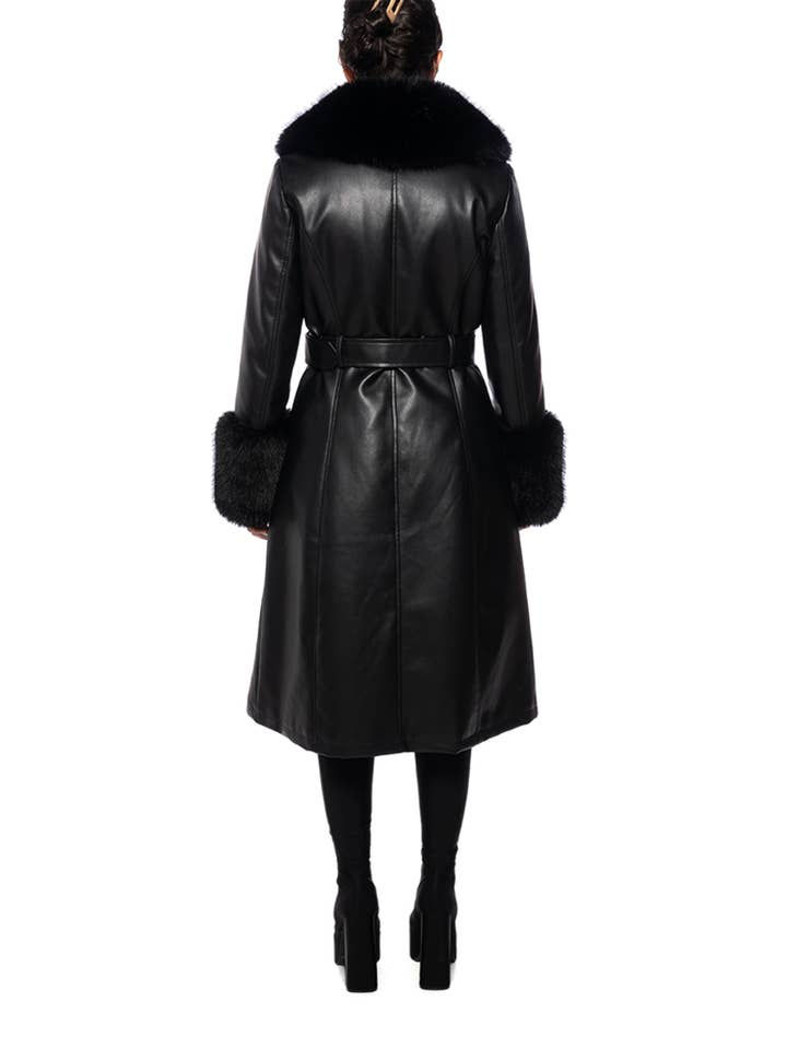 Azalea Wang - Wholesale Trench Coat - Women's - KAYA-BLACK FAUX LEATHER & FAUX FUR TRENCH COAT WITH BELT
