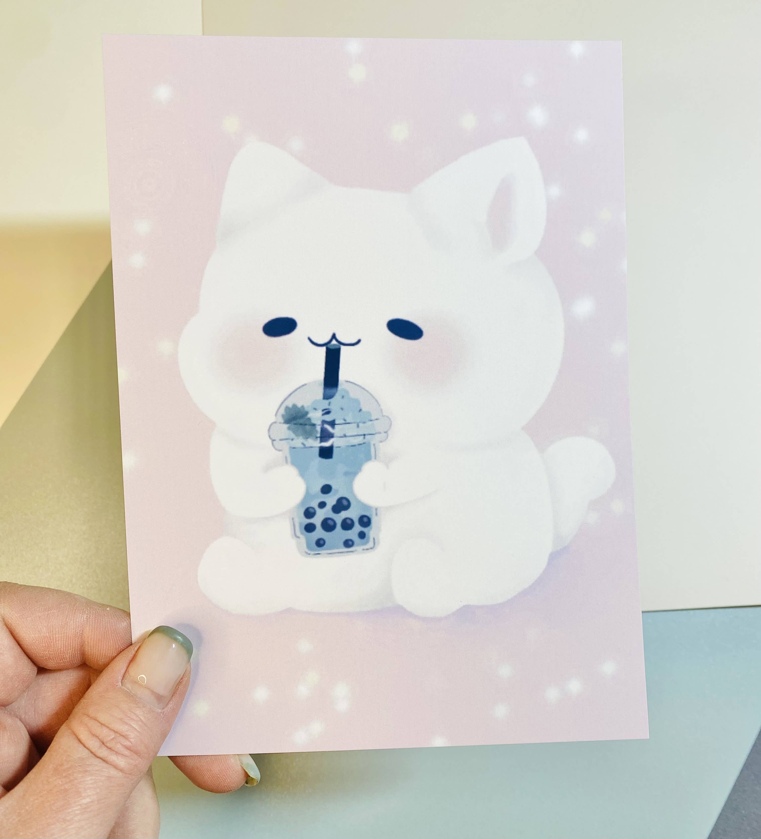 bJenuineCo - Vente Affiche d'art - Impression artistique de chat kawaii mignon et de boba vert5