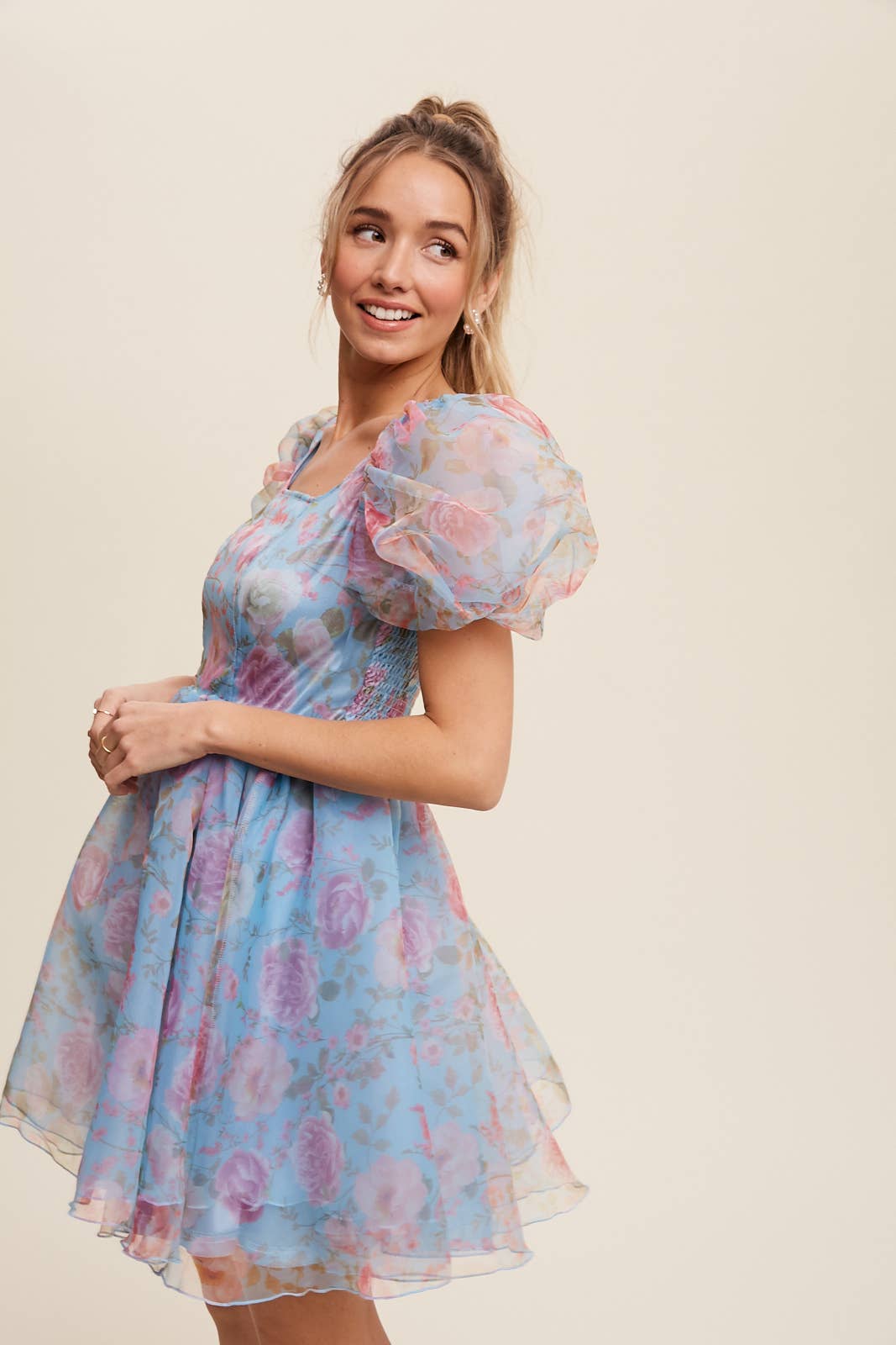 Listicle - Wholesale Dress - Women's - Floral Puff Sleeve Organza Mini Dress7