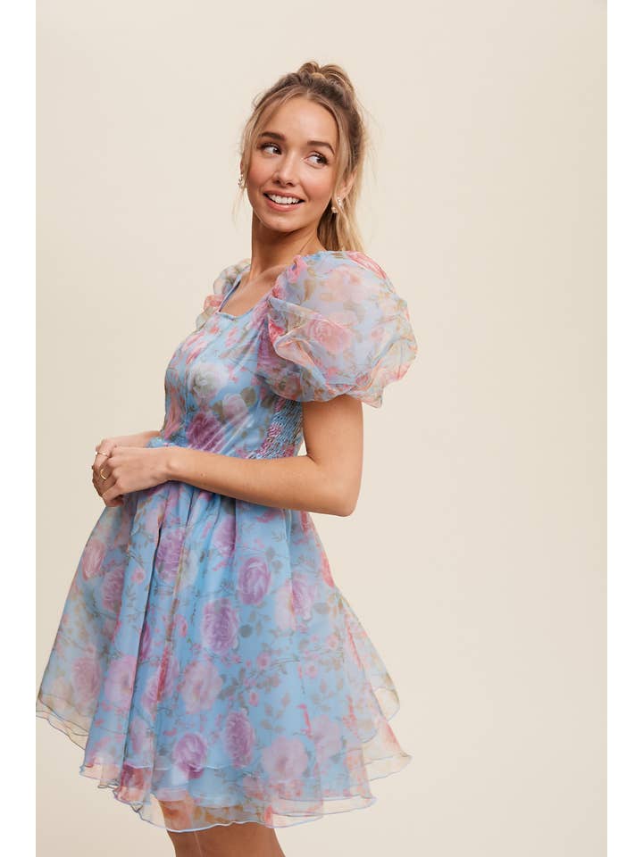 Listicle - Wholesale Dress - Women's - Floral Puff Sleeve Organza Mini Dress7