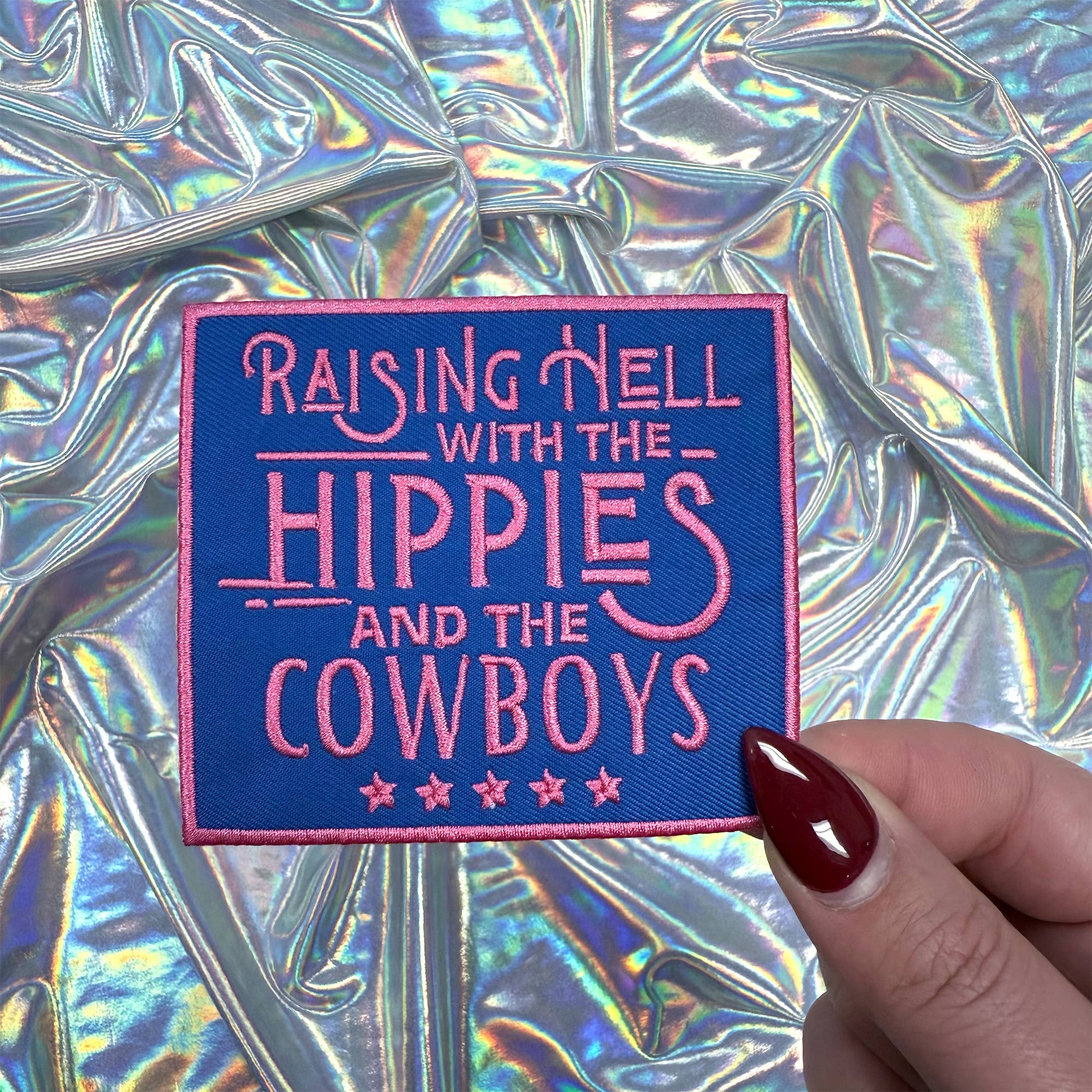 The Crafty Engineer - Wholesale Patch - Raising Hell with the Hippies and the Cowboys Hat Patch in Blue & Pink