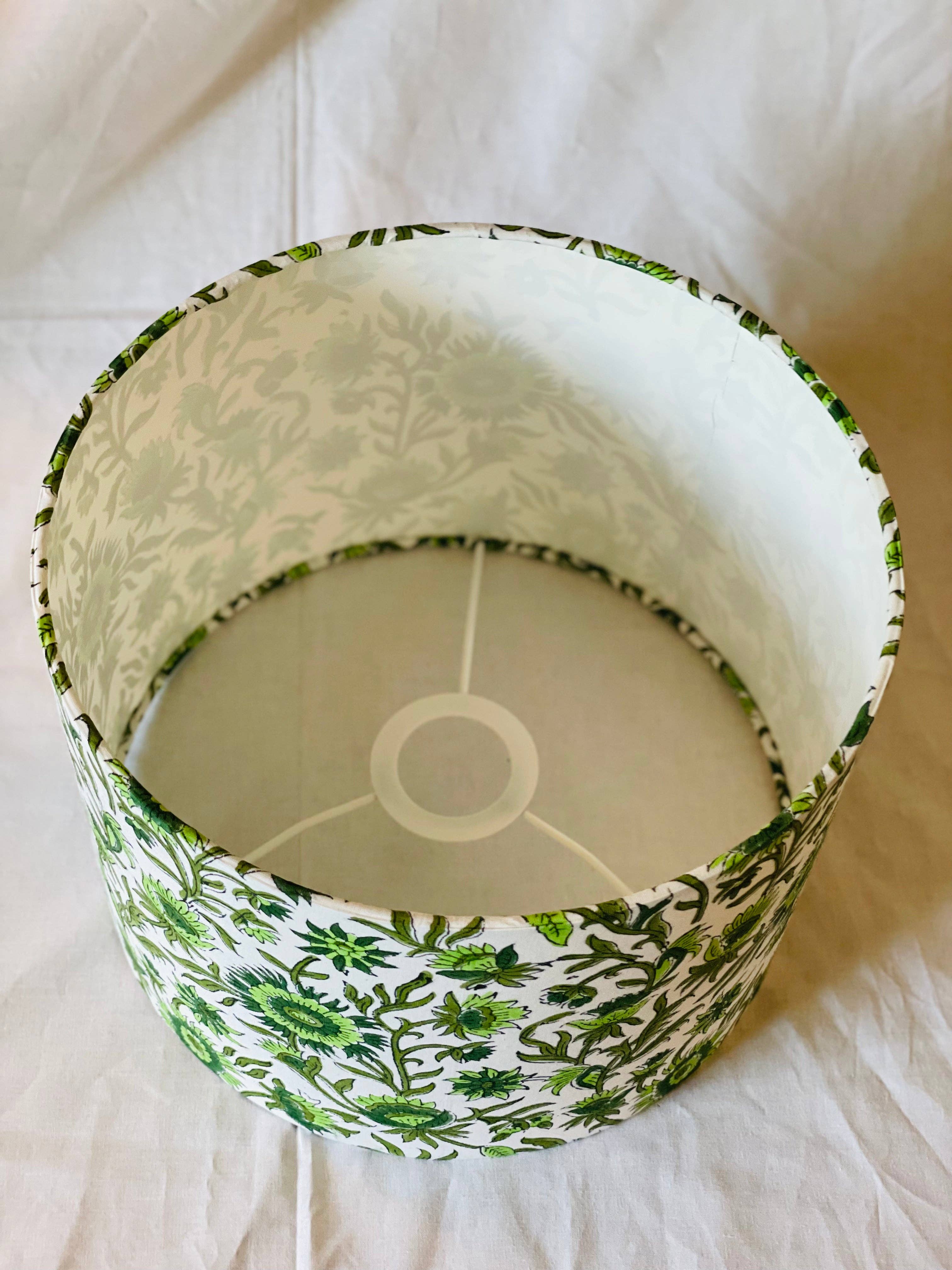 Olive and Limpet – wholesale Lampshade – 10 inch Drum Lampshade. Indian Block print from Jaipur. Pistachio, Olive Green, and Avocado Floral Motif.1