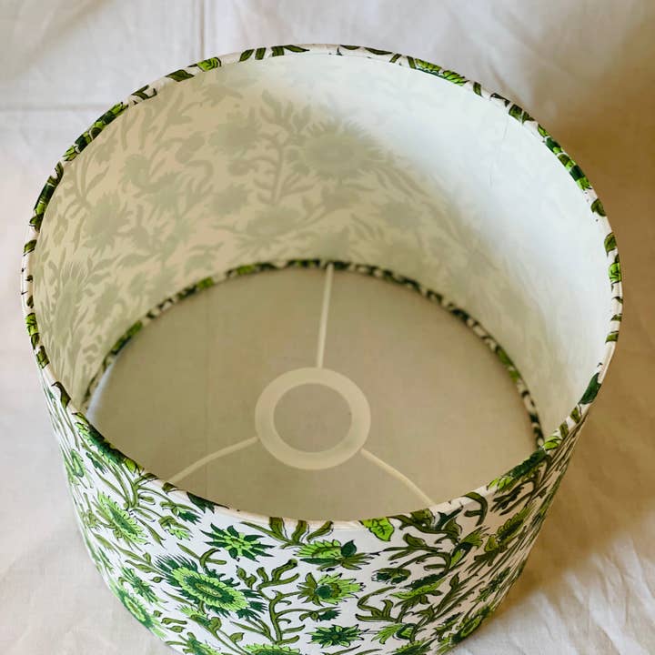 Olive and Limpet – wholesale Lampshade – 10 inch Drum Lampshade. Indian Block print from Jaipur. Pistachio, Olive Green, and Avocado Floral Motif.1
