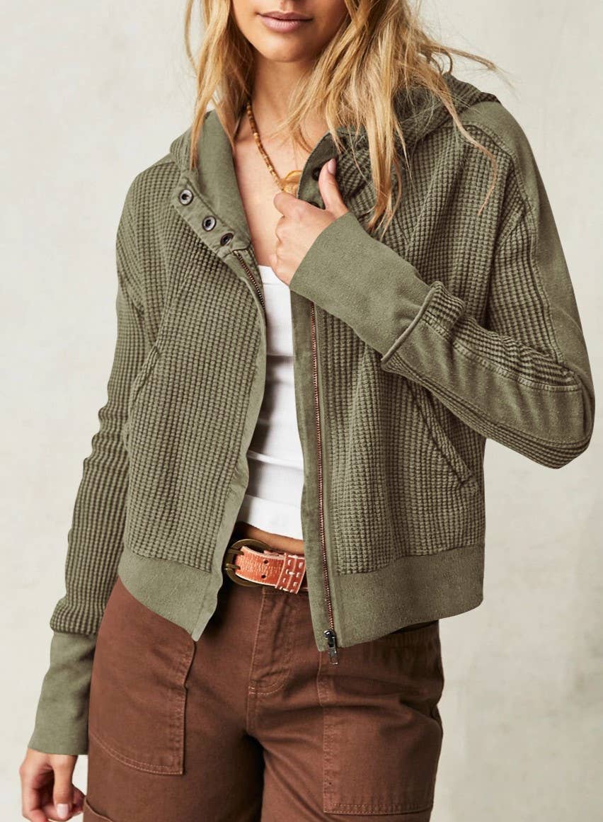 Rosa Clothing - Wholesale Hoodie - Women's - half button zip up waffle crop hoodie sweatshirt jacket8