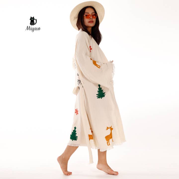 Beige Christmas Tree Santa Kimono Robe – Gift for 2025 Holidays for wholesale on Faire1
