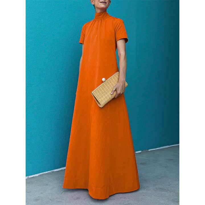 Avslappnad passform Kortärmad Solid Maxiklänning med hög hals för wholesale av FurDecoration