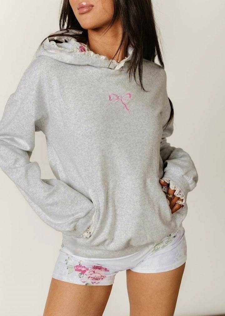 Grey Lace Trimmed Bow Embroidery Floral Hoodie for wholesale on Faire1