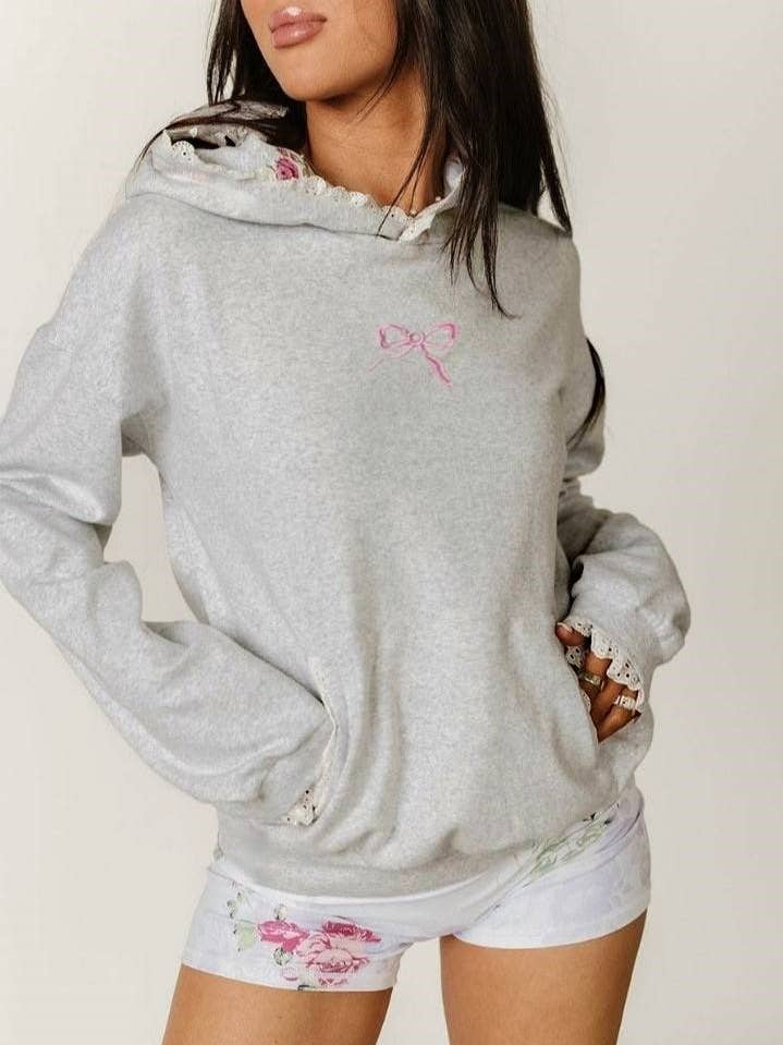 Grey Lace Trimmed Bow Embroidery Floral Hoodie for wholesale on Faire1