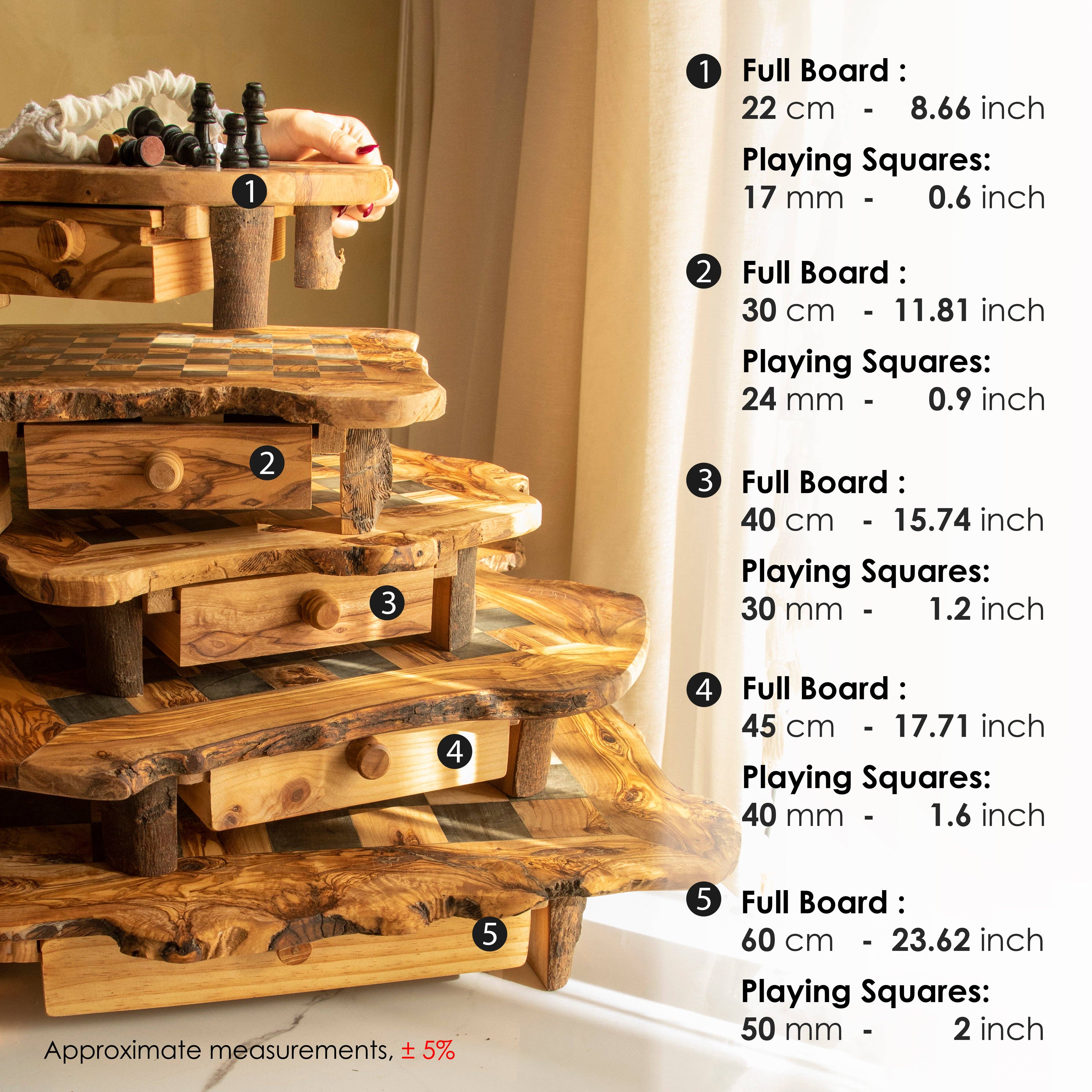 Krafts GmbH Olive Wood – Jogo de tabuleiro por atacado – Tabuleiro de Xadrez Artesanal em Madeira de Oliveira com Gavetas de Armazenamento - Rústico1