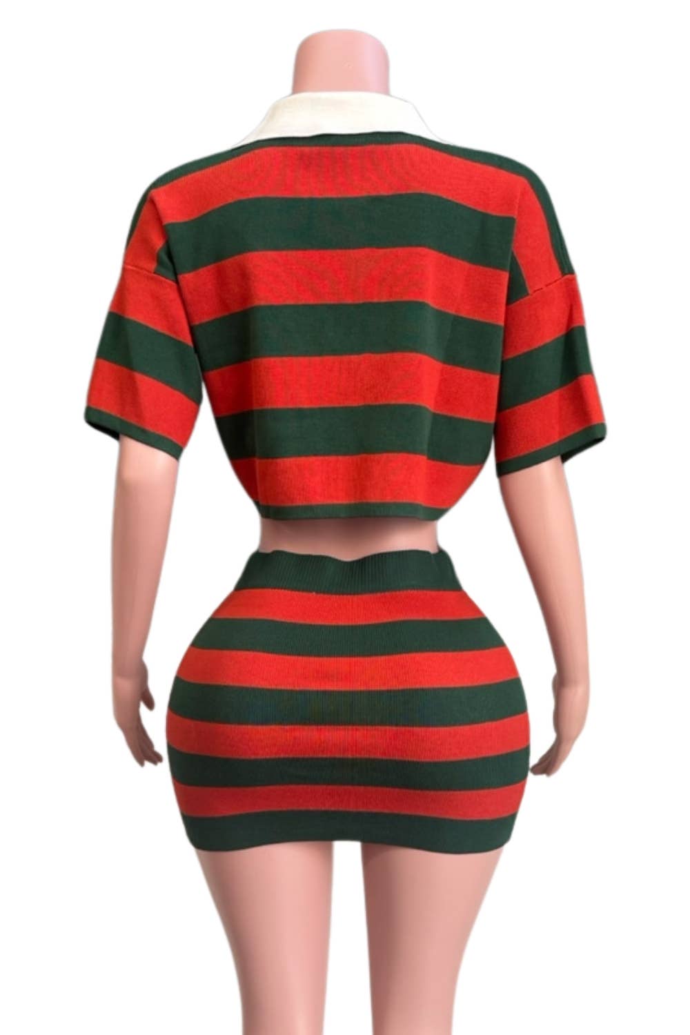 NEWGENS - Wholesale Activewear Set - Women's - NC2121A Striped Knit Polo Crop Top & Skirt Set6