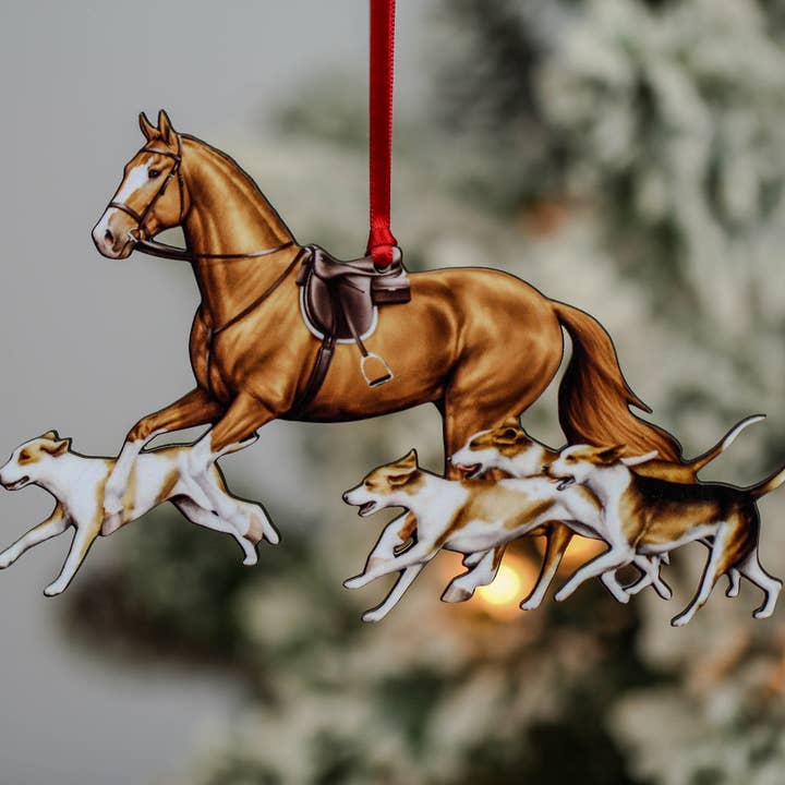 Classy Equine - Wholesale Ornament - Chestnut Fox Hunter Horse & Hound Field Hunter Ornament II2