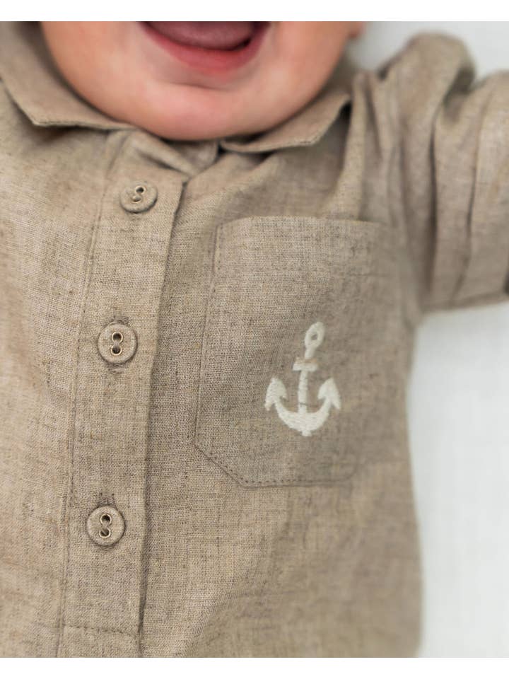Riley Anchor Baby Romper (Natural Linen Blend) for wholesale on Faire4