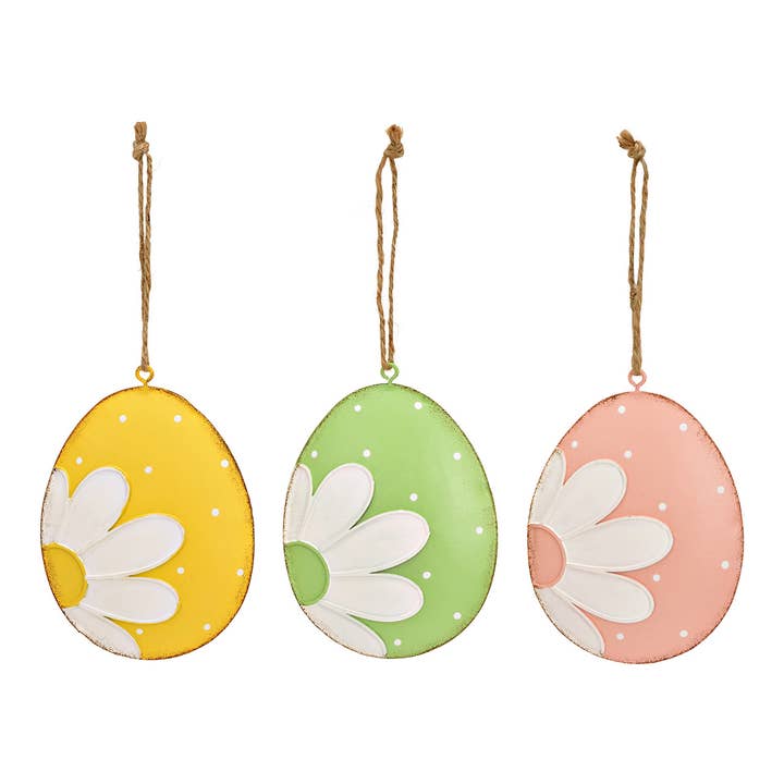Wurm - Wholesale Decorative Figurine - Hanging Easter egg with floral decor made of metal, set of 3, Green/Yellow/Pink (W/H/D) 8x10x2cm