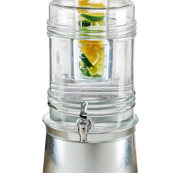 Bungalow Cold Beverage Clear Glass Dispenser With Ice Insert, Fruit Infuser, And Galvanized Base 2.4-Gallon for wholesale by Jay Import CO
