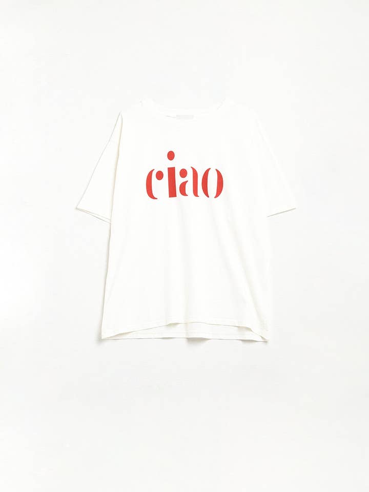 WHITE Cotton t-shirt made in Italy with Ciao logo in red for wholesale on Faire2