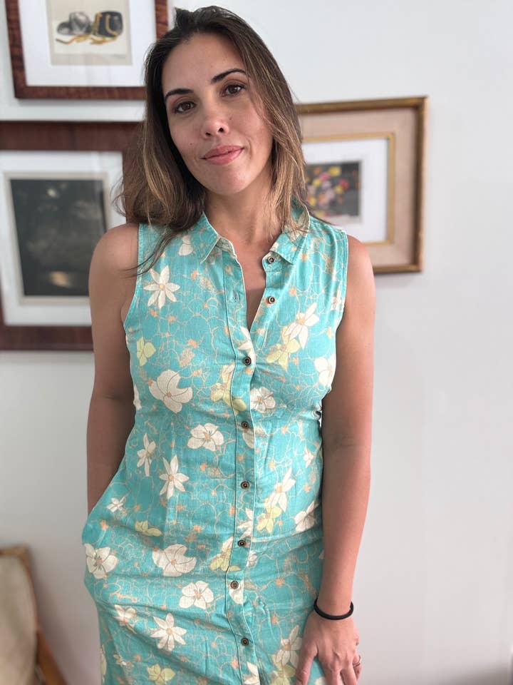 Women's Sleeveless Belted Shirt Dress in Lanikai for wholesale by Paradise Now Hawaiʻi