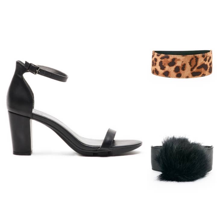 Cheetah and Black Faux Fur Pom Pom Bundle for wholesale by In.a.grüv Interchangeable Footwear