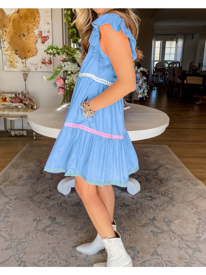 Beau Blue Ric-Rac Colorblock Flutter Sleeve Dress for wholesale on Faire