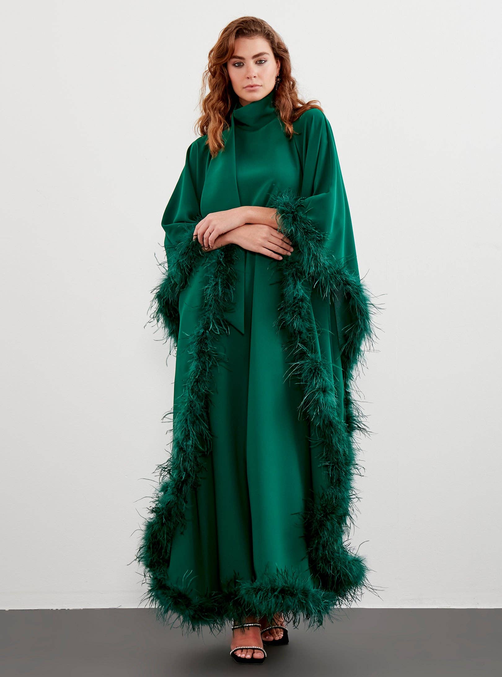Store WF – wholesale Kaftan – Women's – Feather Trimmed Emerald Kaftan Dress4