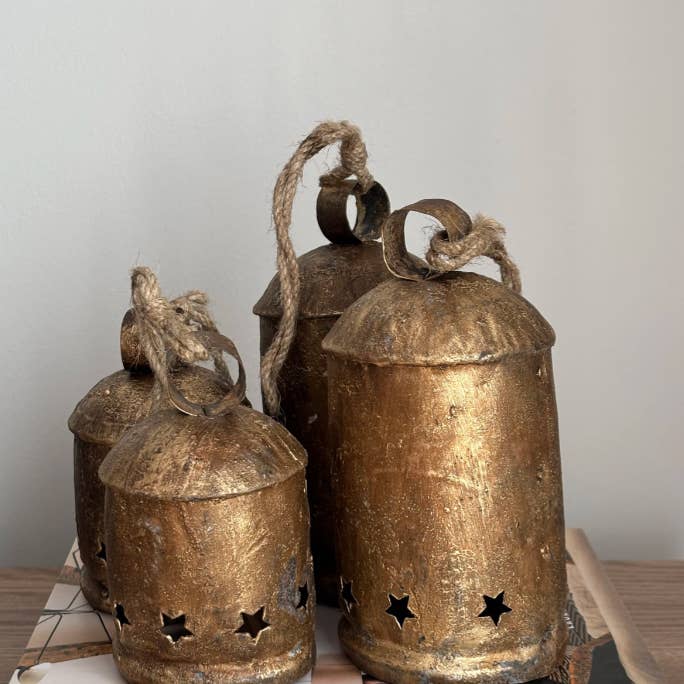 Distressed Antique Brass Star Cut Out Metal Bells for wholesale by Maison Pear