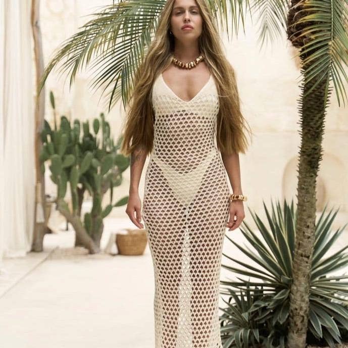 Beige Mesh Crochet Dress for wholesale by AstraWander