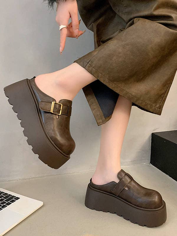 VividLux - Wholesale Loafers - Women's - Belt Buckle Round-Toe Split-Joint Loafers Platform Shoes Slippers&Mules6