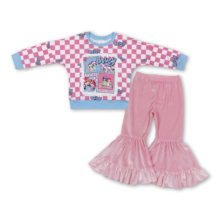 Plaid dog top pink velvet pants girls Christmas outfits for wholesale by Yawoo Garments