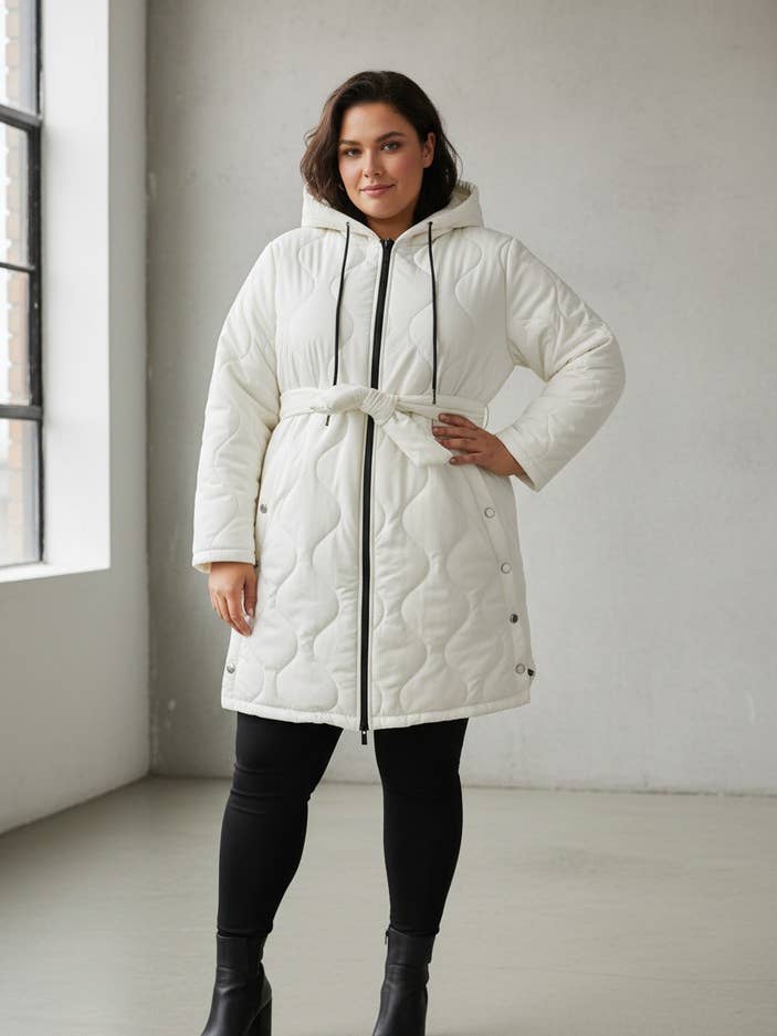 Solid color mid-length plus size down jacket white (T3020) for wholesale by Pomme Rouge Paris