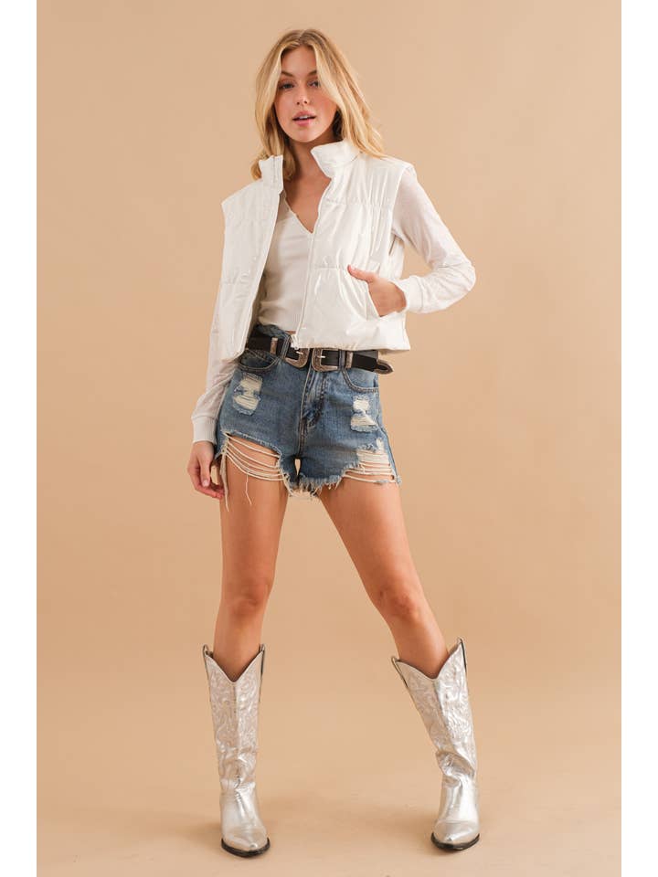 Blue B - Wholesale Outerwear Vest - Women's - 22656J - Gloss Shiny PU Quilted Puffer Zip Up Crop Vest39