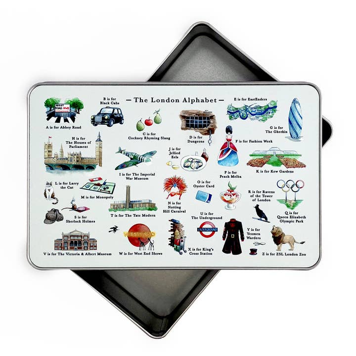 The London Alphabet Storage Tin for wholesale by Yeti Cards & Gifts