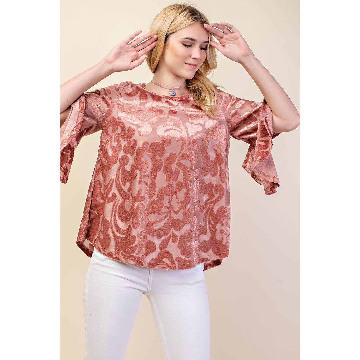 VOCAL - Wholesale Blouse - Women's - VELVET RUFFLE SLEEVE KNIT TOP17