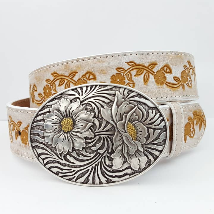 Axesoria West - Wholesale Belt - Women's - Popular Sunflower Buckle with Vintage floral tooled belt