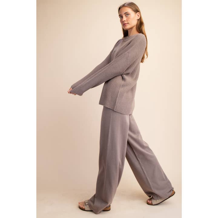 Apolline - Wholesale Lounge Set - Women's - Soft Knit Ribbed Sweater Set with High Waist Wide Leg Pants 4