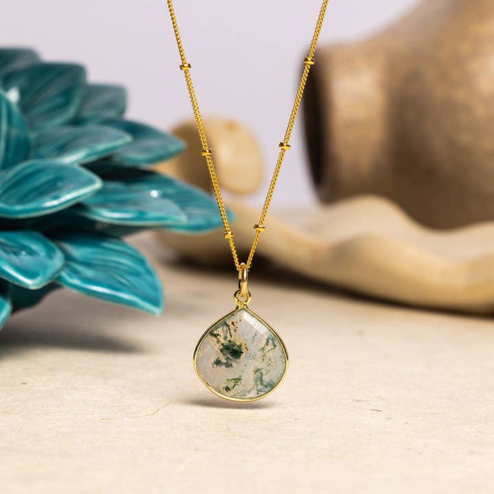 Moss Agate 14k Gold Filled Drop Pendant Necklace for wholesale by Soul & Little Rose