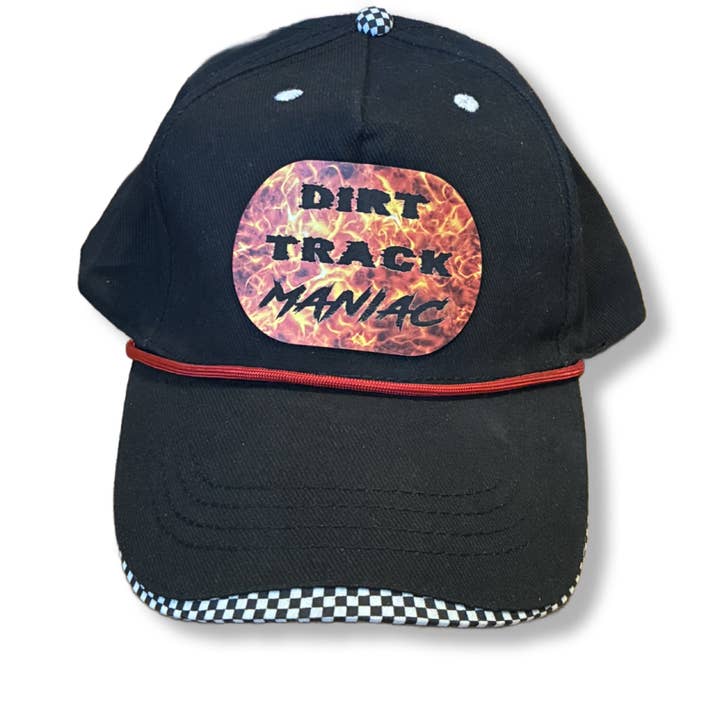 Gorra Dirt Track Maniacs con parche de cuero sintético grabado con láser de llamas para venta al por mayor de DK LaserWorx