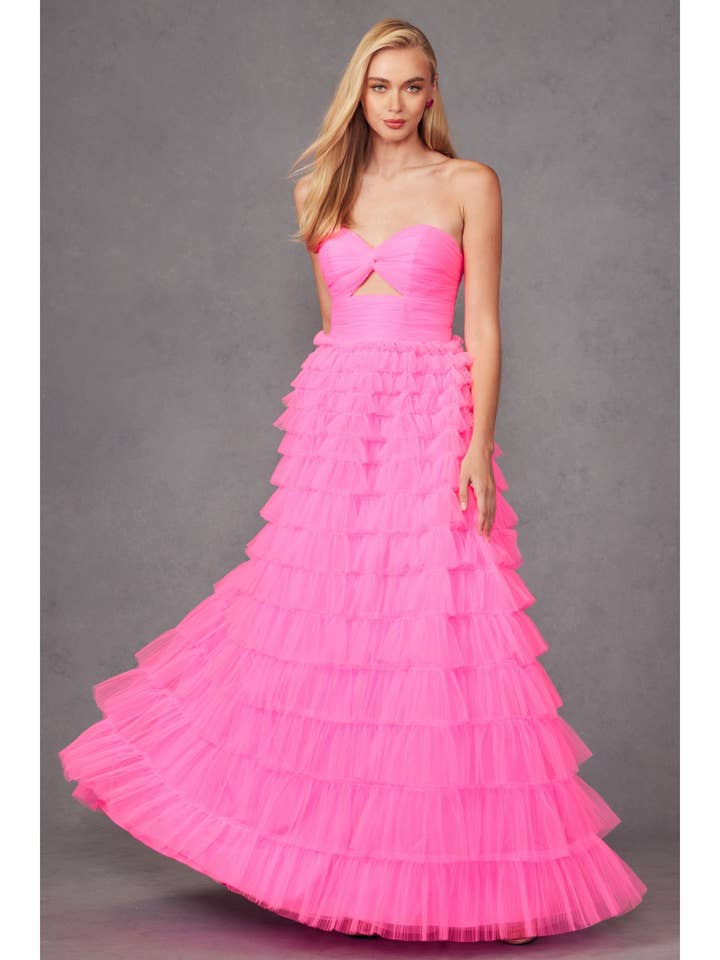 TRÄGERLOSES BALLKLEID MIT SCHLÜSSELLÖCHERN UND TÜLLRÜSCHENROCK W für den Großhandel von Juliet