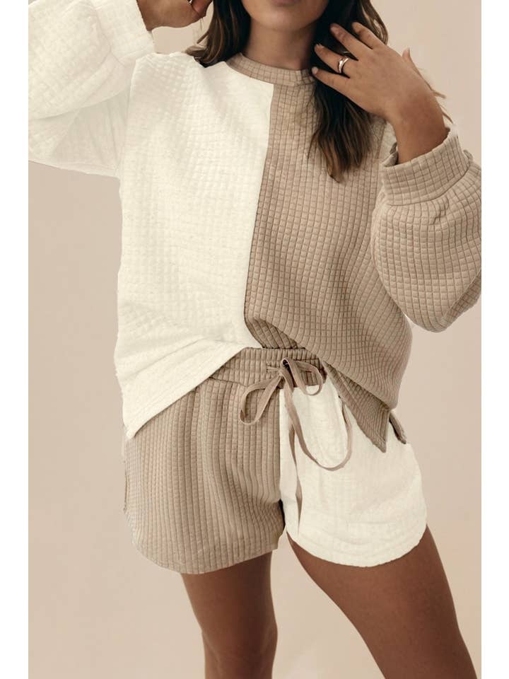 Beige Colorblock Patchwork Textured Long Sleeve Top 2pcs Short Set for wholesale on Faire