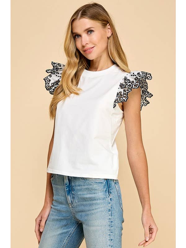 White CT9109-Ruffled Lace Sleeves Knit Top for wholesale on Faire