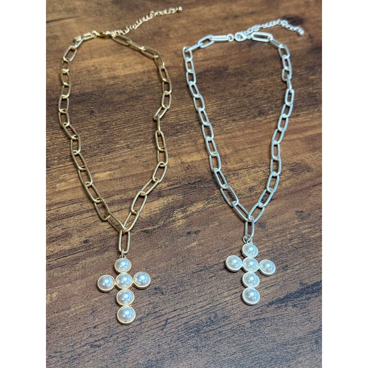 Gold or Silver Chunky Chain Link Pearl Cross Charm Necklace for wholesale by Paco Designs