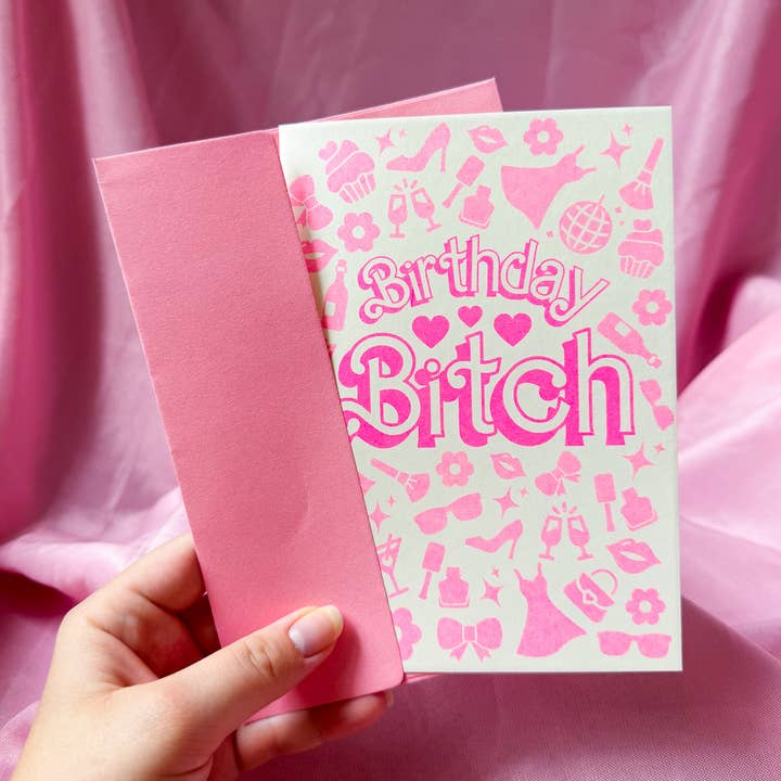Hot Pink Barbie Birthday Bitch Risograph Greeting Card for wholesale by By Danielle Witten