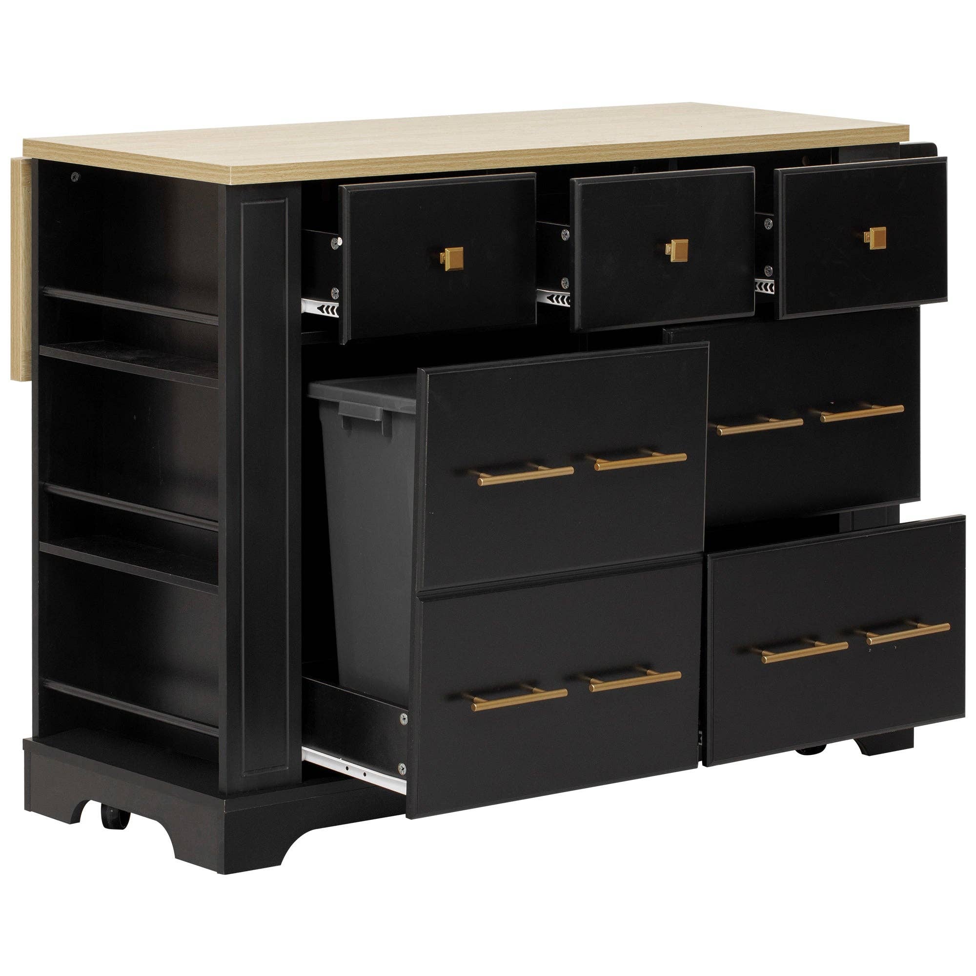 39F Inc. - Wholesale Kitchen Storage/Organizer - 51.2" Farmhouse Kitchen Island with 6 Drawers & Drop Leaf3