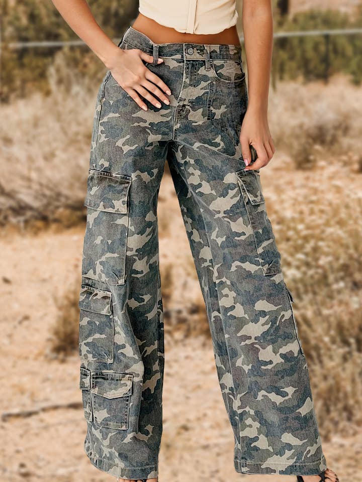 Fashion-W Western Camo Denim Cargo Wide Leg Pants for wholesale by fashionworks