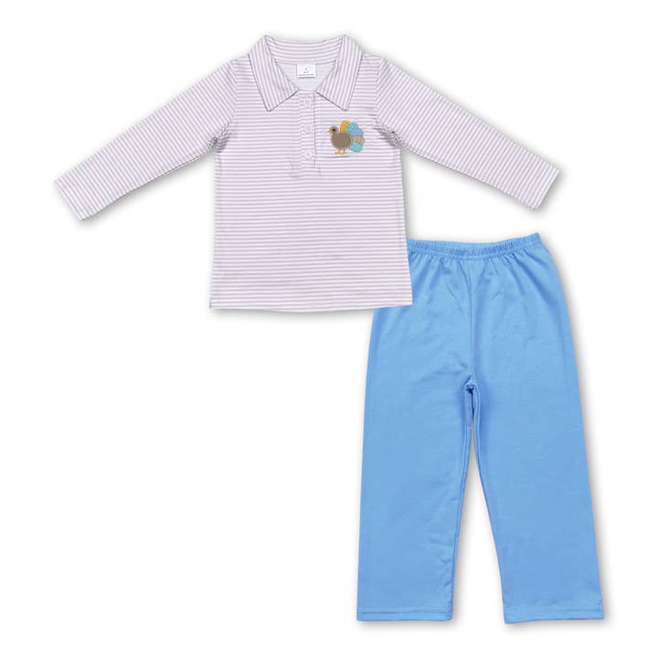 Yawoo Garments - Wholesale Top & Pant Set - Kids - Turkey stripe polo shirt pants kids boys Thanksgiving clothes