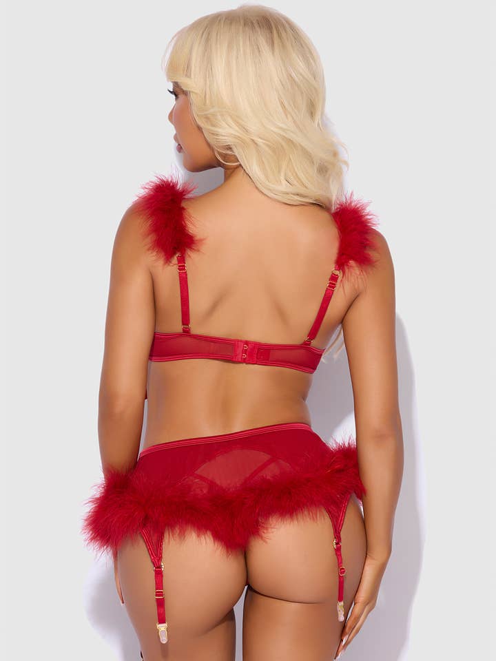 CRIMSON RED MARILYN FEATHER & MESH OPENABLE BRA, GARTER & G-STRING SET for wholesale on Faire