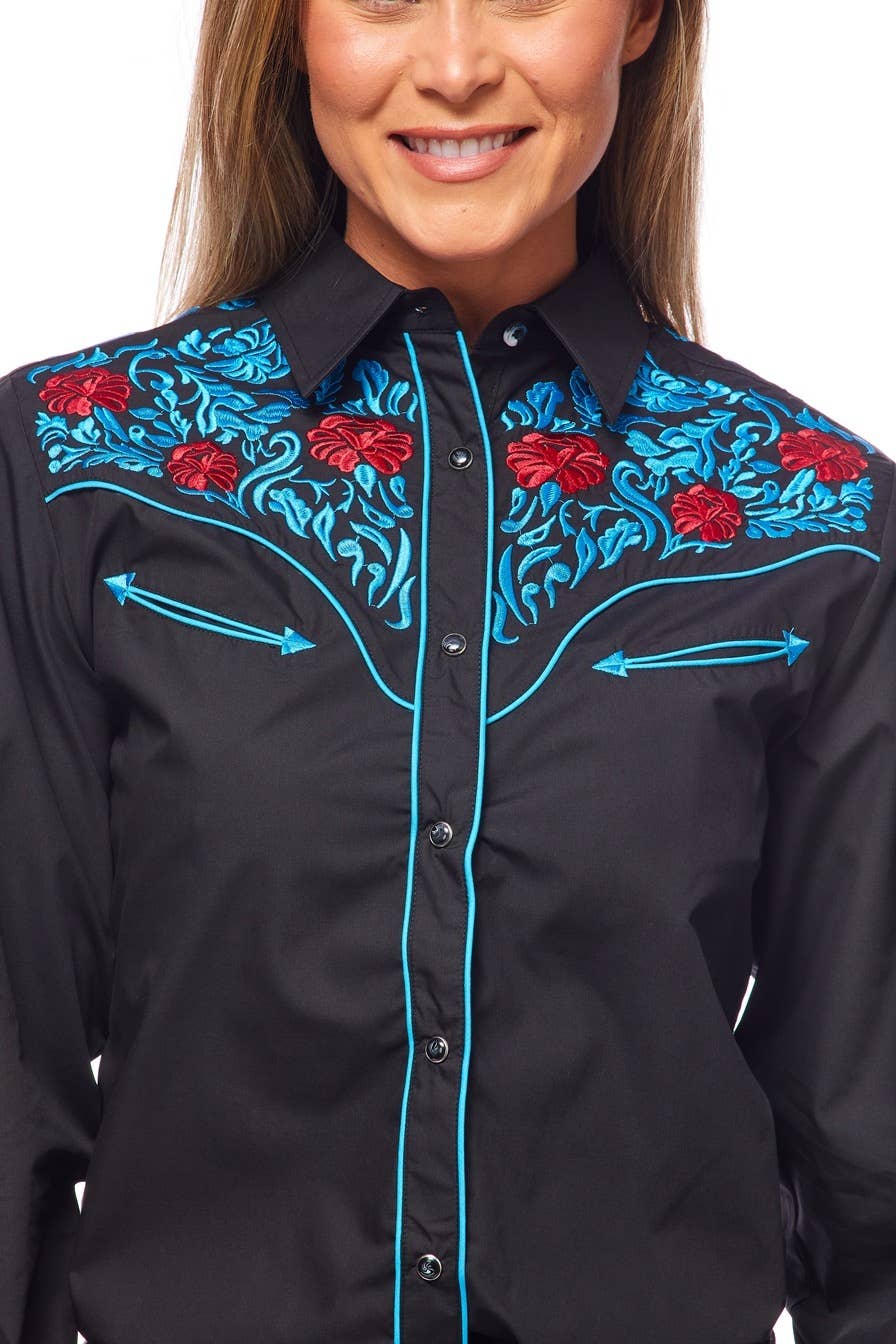 Rodeo Clothing - Vente Chemise à col boutonné – femme - Robe brodée à manches longues d'inspiration western pour femmes54
