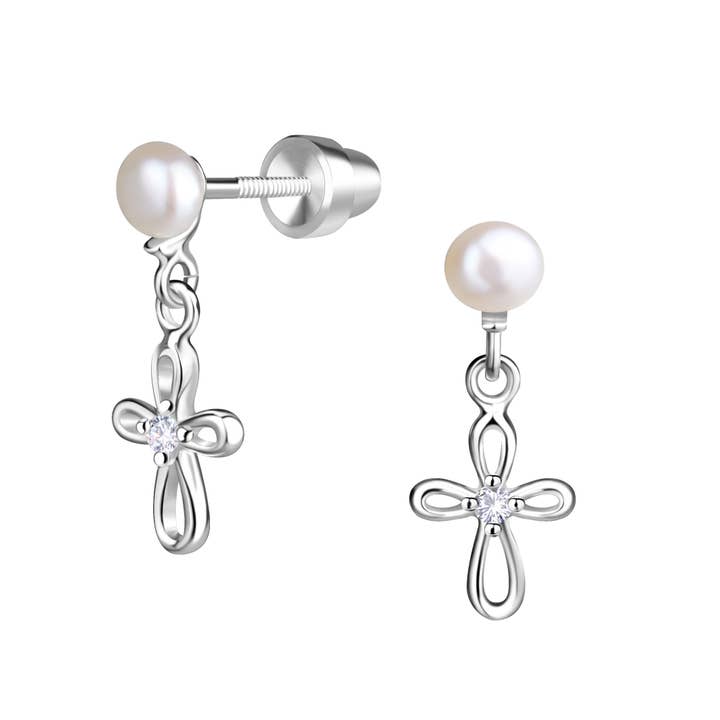 Cherished Moments - Wholesale Earrings - Kids - Sterling Silver Pearl Cross Baptism/First Communion Earrings