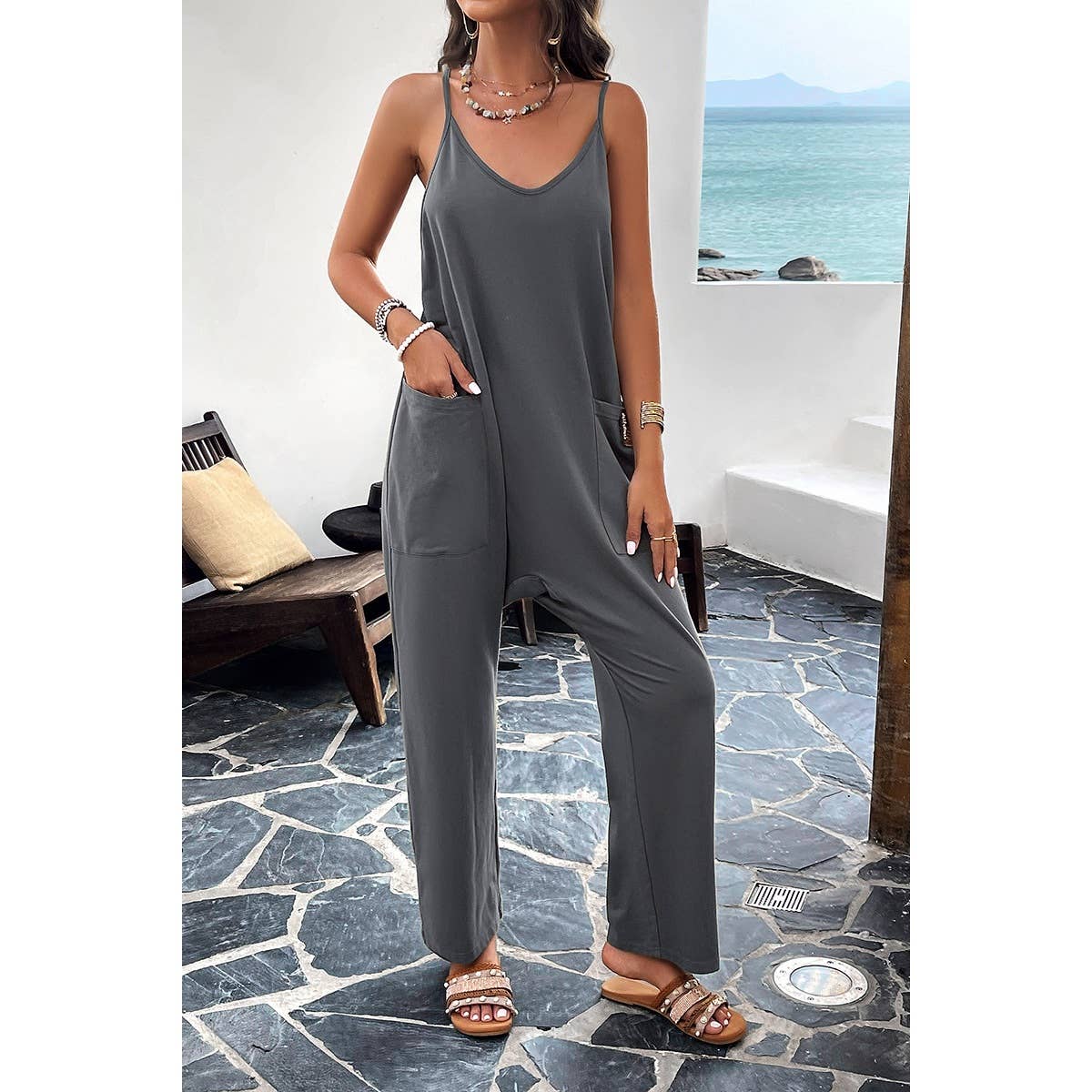 Supreme Fashion - Wholesale Jumpsuit - Women's - Pocketed Spaghetti Strap Loose Sleeveless Jumpsuit7